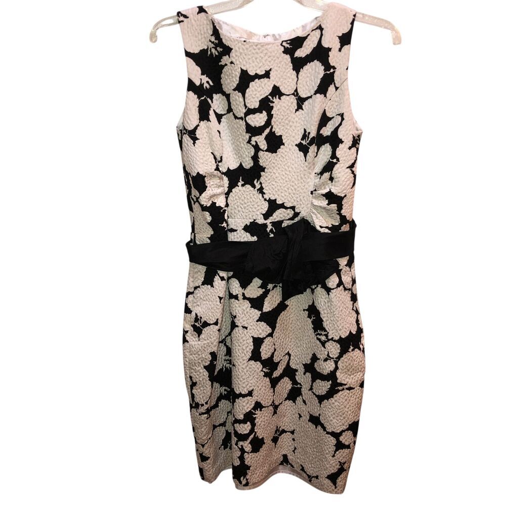 Kay Unger Womens Size 12 Black White Floral Sleeveless Shift Dress with Bow Belt